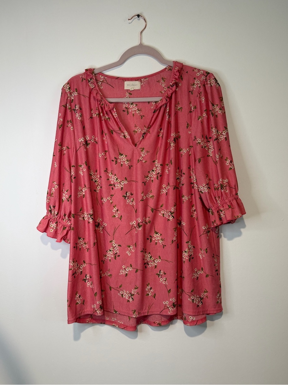 Melloday Pink Cherry Blossom Floral Ruffle Peasant Blouse Boho Chic Size 1X